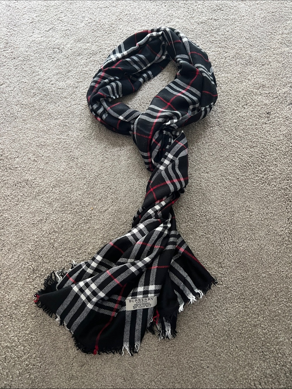 Burberry 100% Cashmere Black, White & Red Plaid Scarf